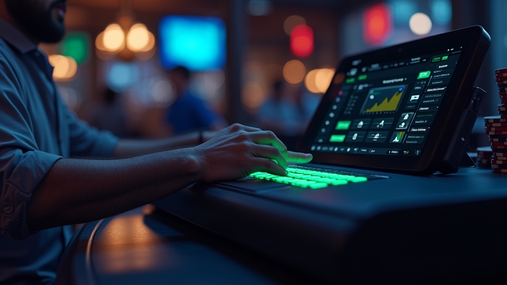 Casino cashier with deposit and withdrawal options on a dark screen