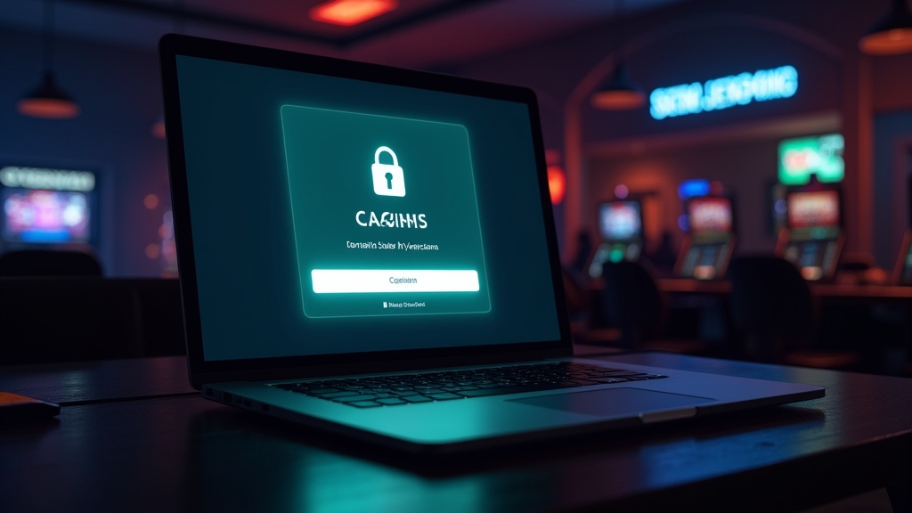 Casino login screen glowing on a laptop in a dark, atmospheric setting